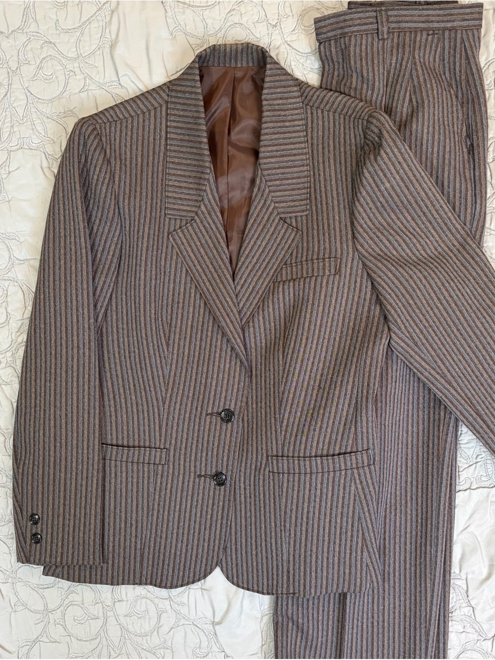 Vintage Sears Women’s Suit Size 12 Wide Leg Trouser Jacket Brown Stripe 70s
